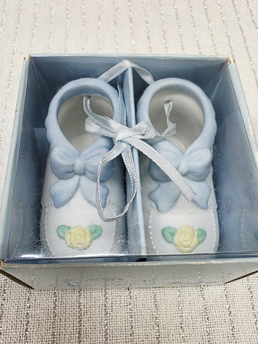 EUC 1997 Vintage PRECIOUS MOMENTS Boy Christening Shoes Blue Porcelain Ornament
